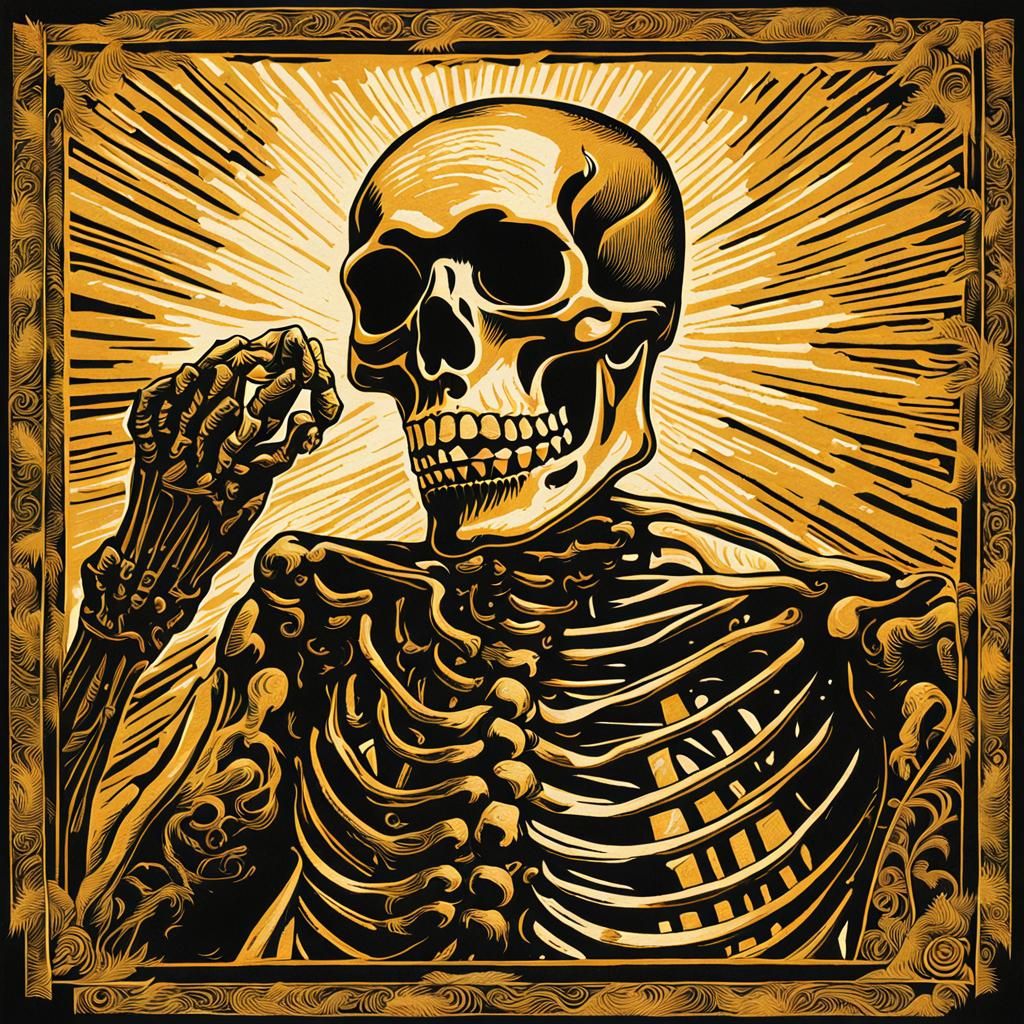 Gold Skeleton with Oriental Tattoo in Linocut Style