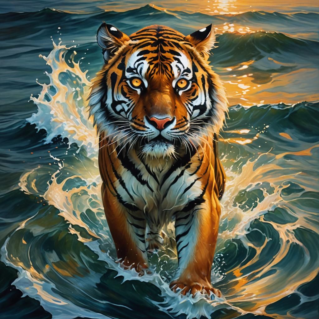 Tiger in Ocean: Surreal Oil Painting