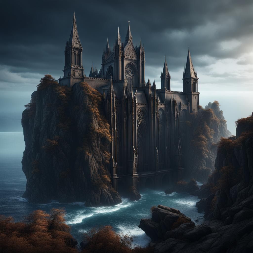 Dark Cathedral on Ocean Cliff: Detailed Matte Painting