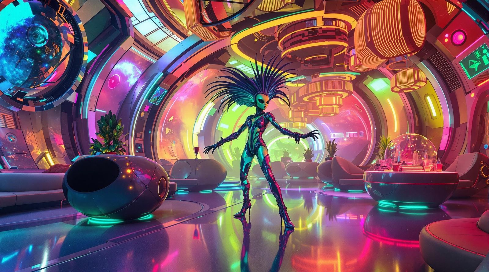 Glamorous Alien Disco in Futuristic Space Station