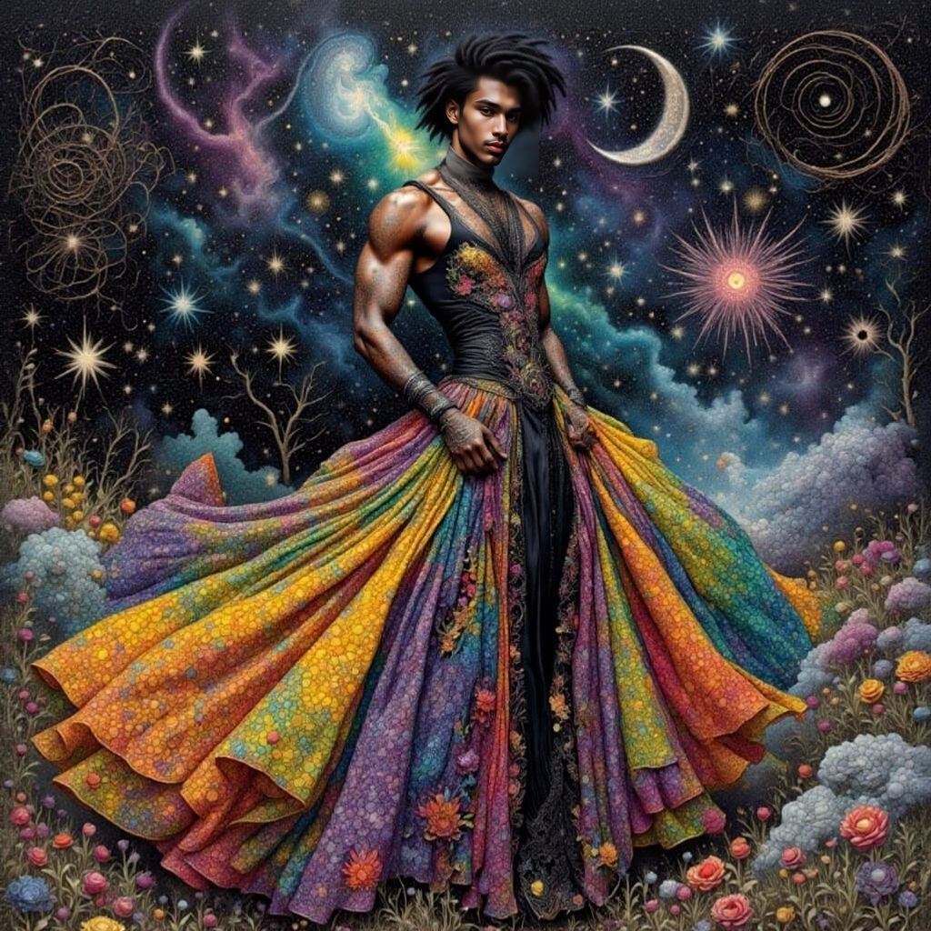 Goth Punk Man in Cosmic Dress with Zentangle Patterns