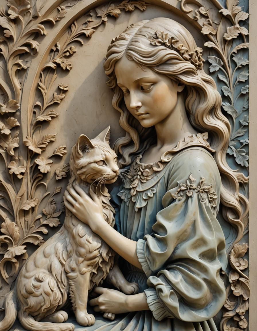 Baroque Bas-Relief: Girl with Cat