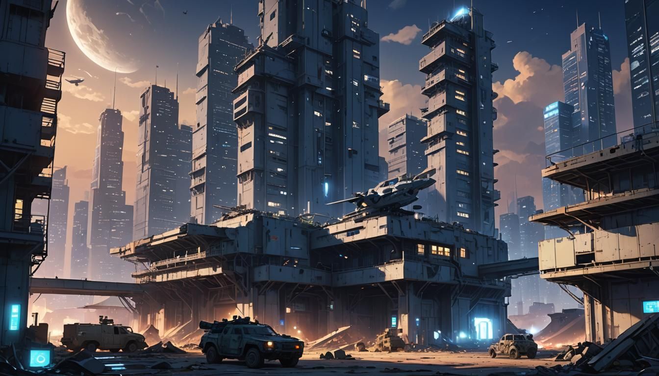 Abandoned Military Base at Night in Anime Style