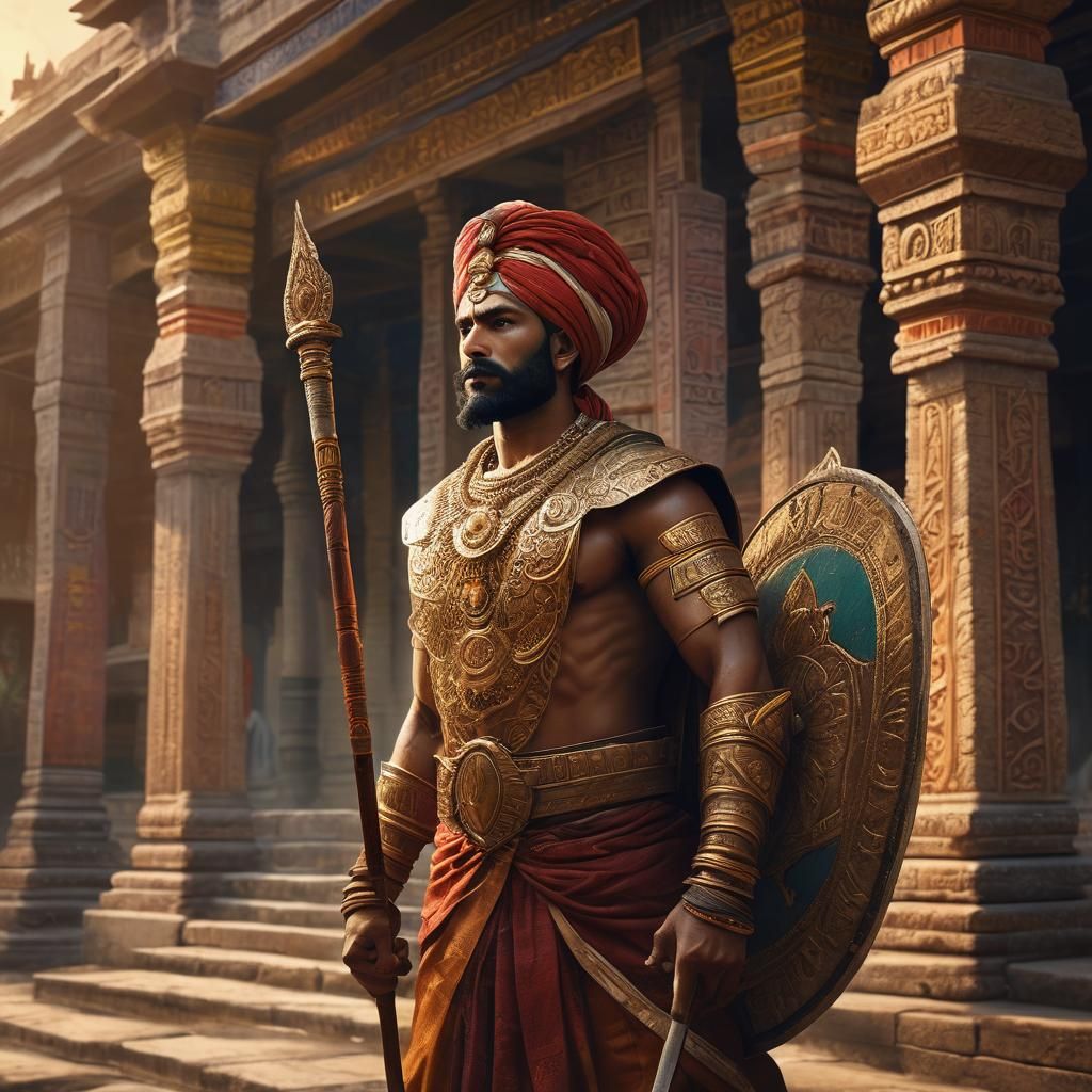 South Indian Warrior in Temple Courtyard Oil Painting