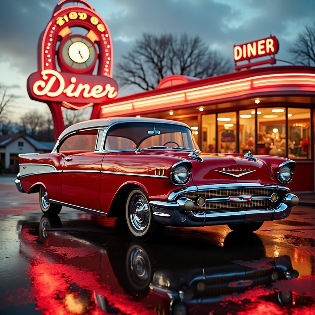 1957 Chevrolet Bel Air at Classic Diner at Dusk