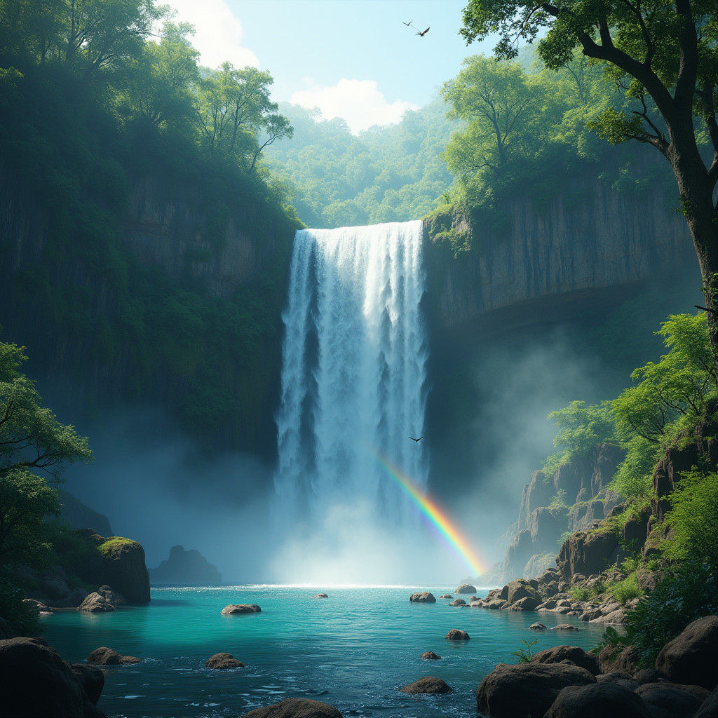 Lush Rainforest Waterfall with Sunlight, Detailed Matte Pain...