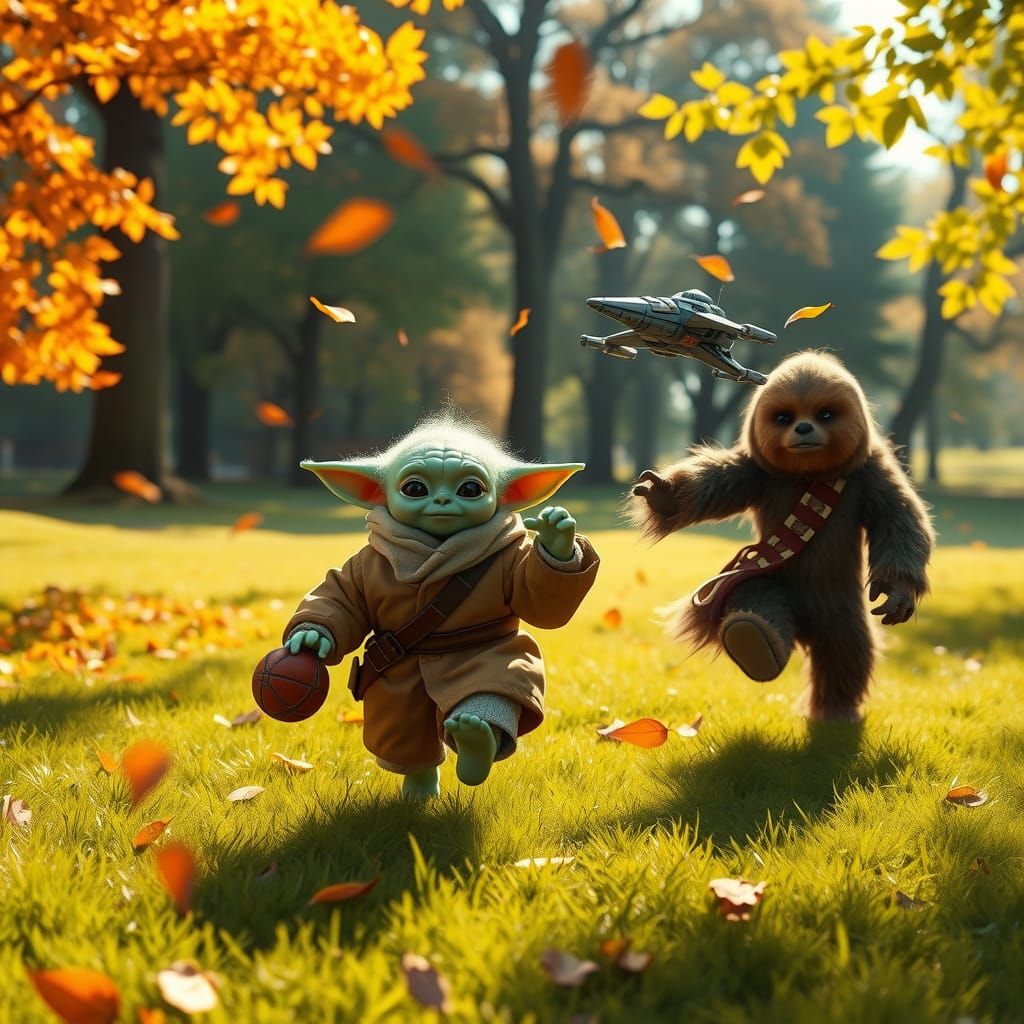 Baby Yoda and Chewbacca Play in Park