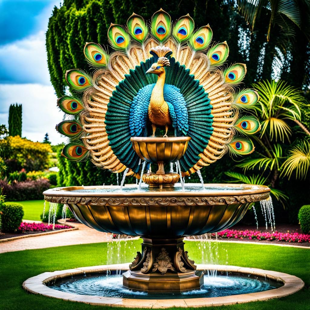 Opulent Peacock Fountain in Garden Setting