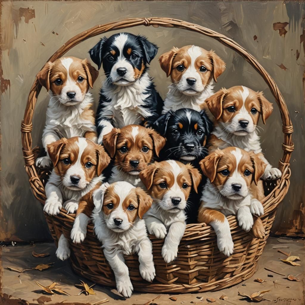 Basket Full of Puppies: Oil Painting