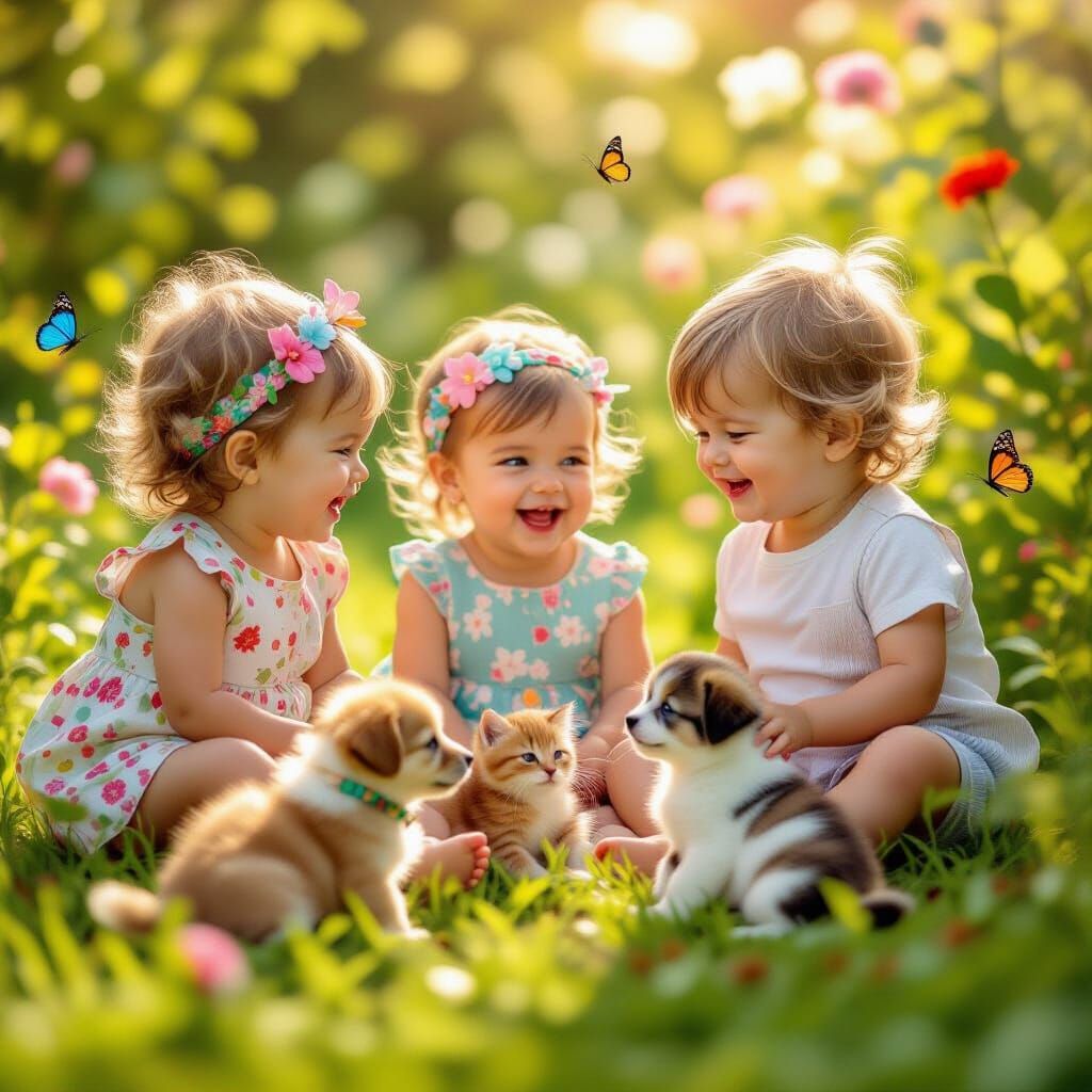 Toddlers Playing in a Sunlit Garden: Photorealistic Scene