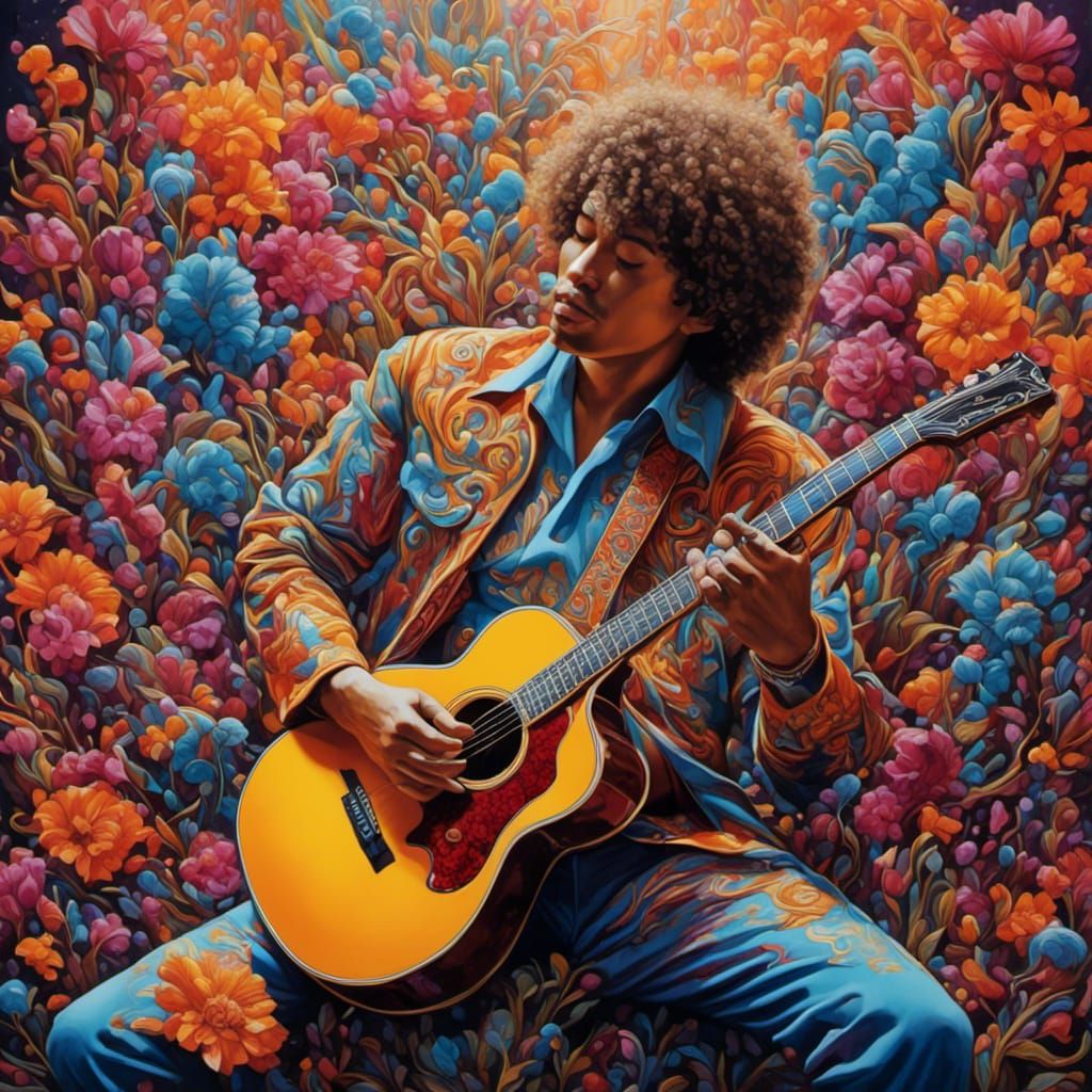 young Jimi Hendrix sitting in flowers playing guitar,