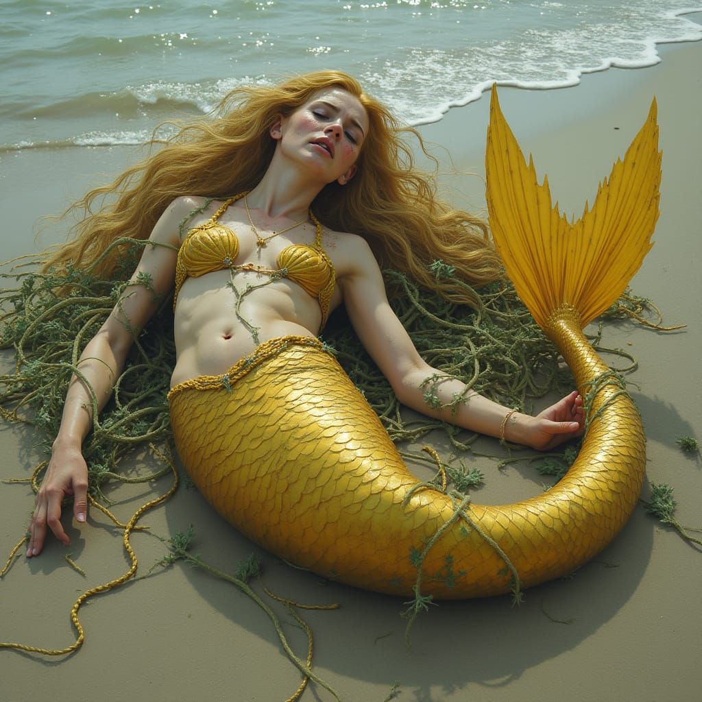 Golden Mermaid Entangled on a Beach