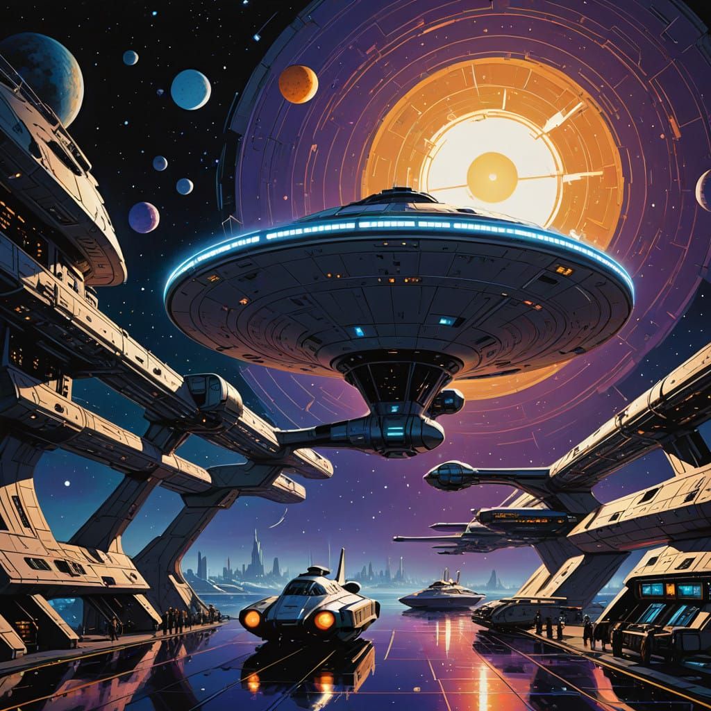 Sleek Starship Enterprise in Bustling Space Dock, Hyperreali...