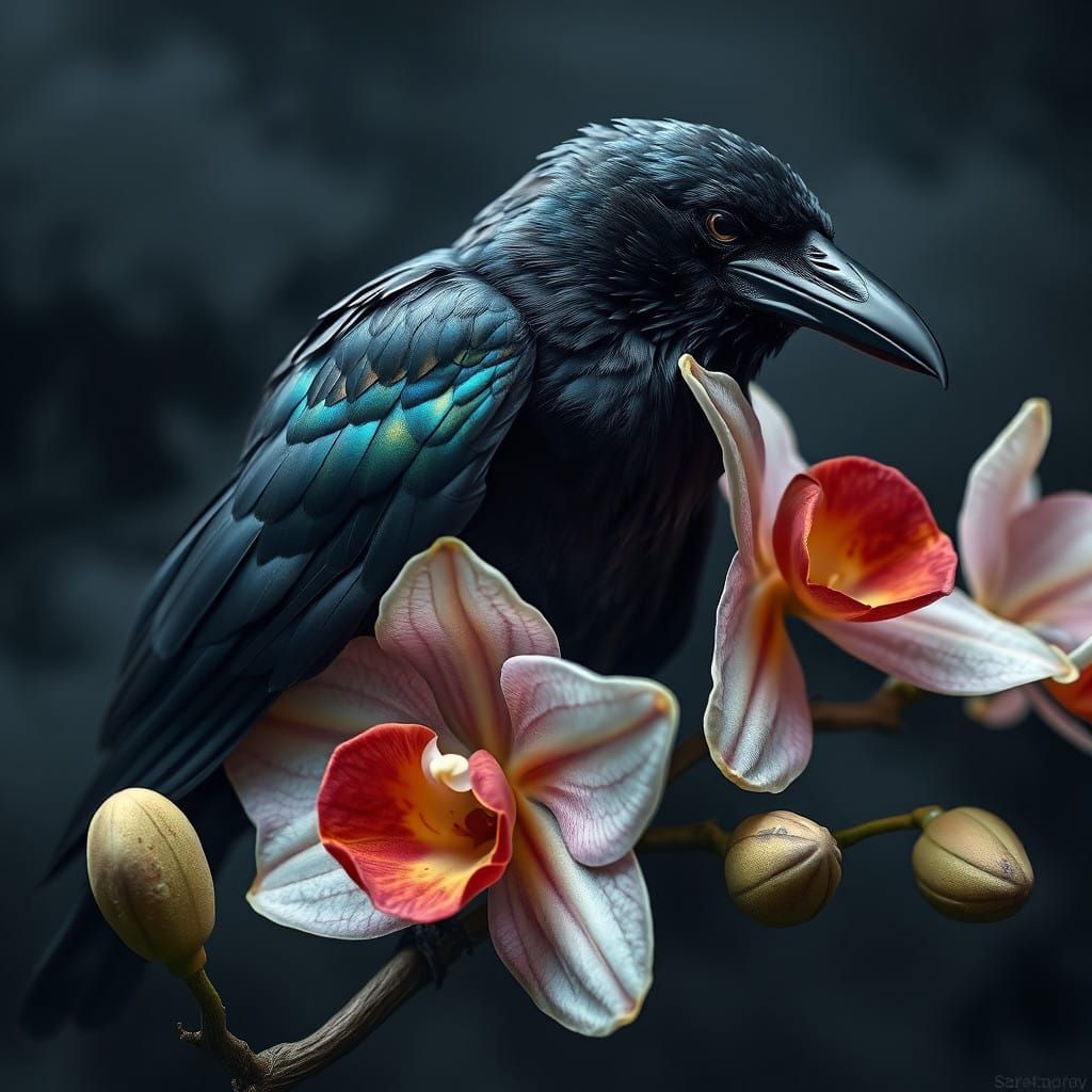 Mysterious Raven perched on an Exotic Orchid in Hyperrealist...