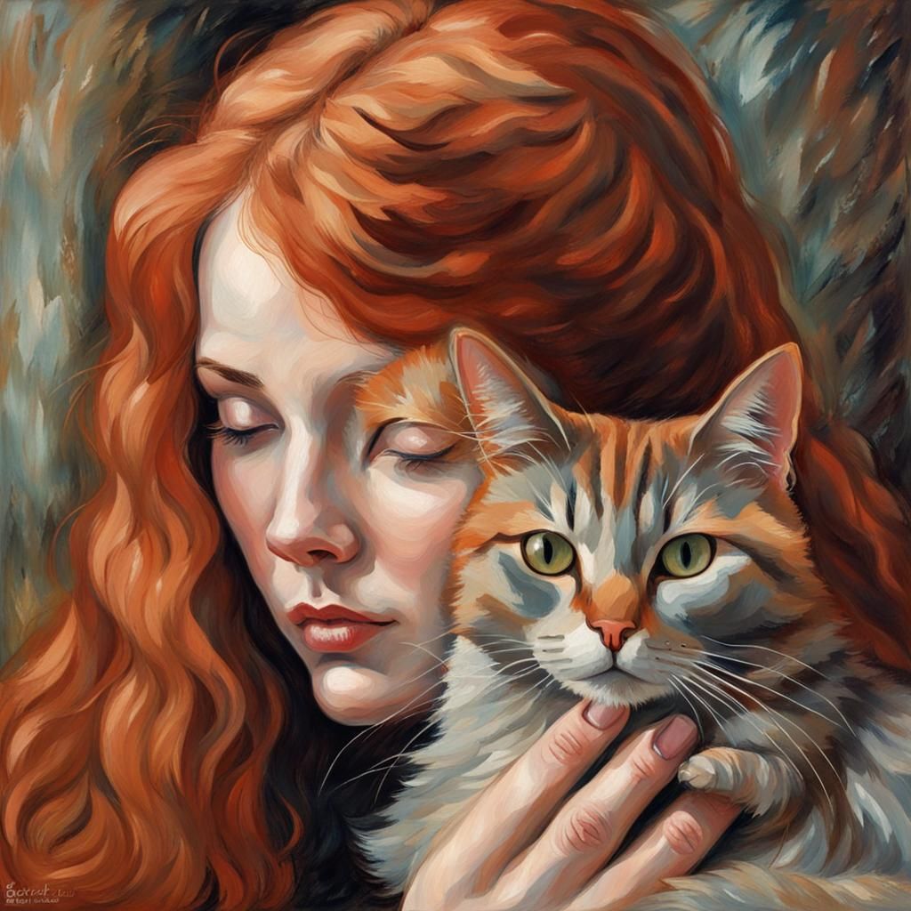 Redhead with Cat: A Post-Impressionistic Portrait