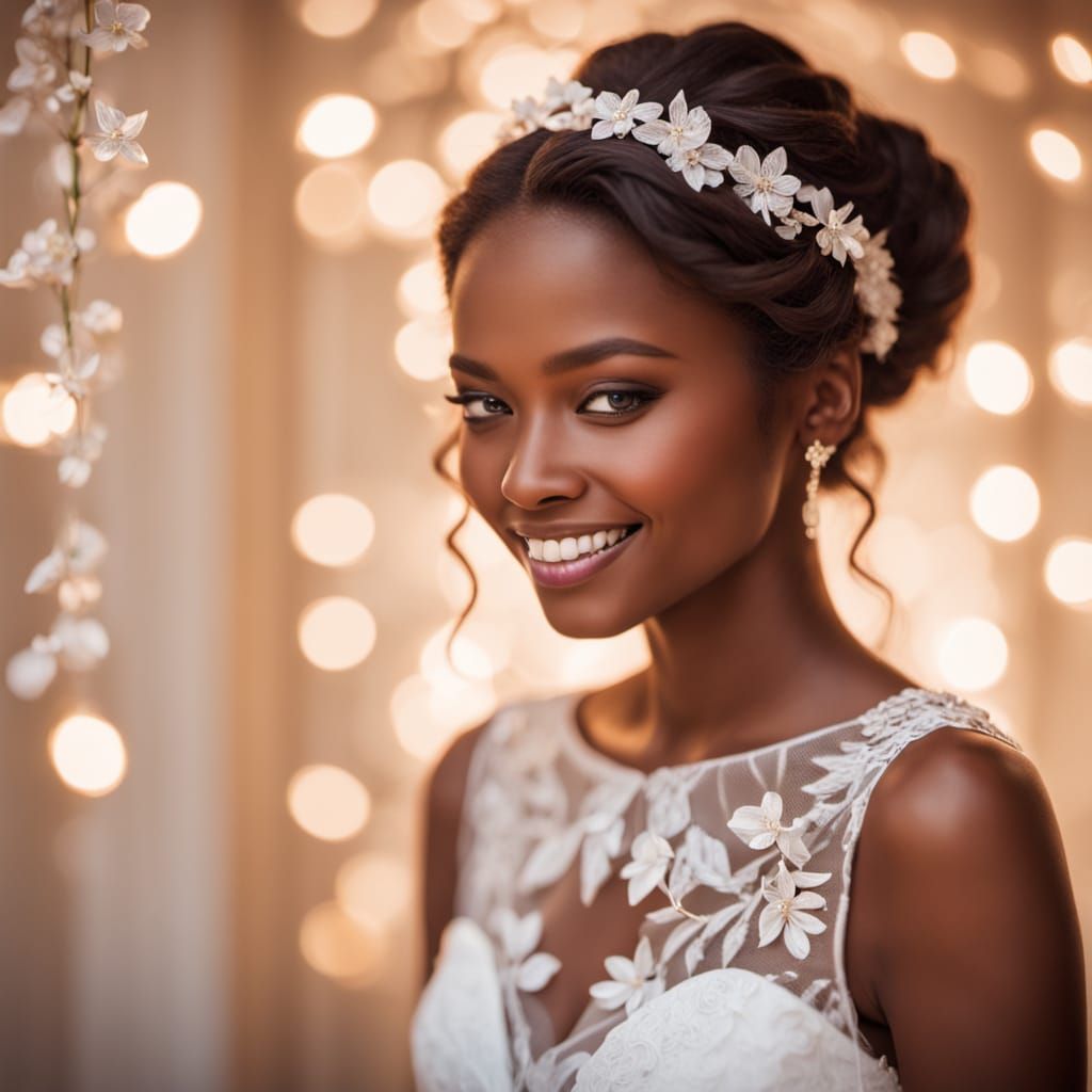 Elegant Black Bride in Exquisite Wedding Gown with Golden Ho...