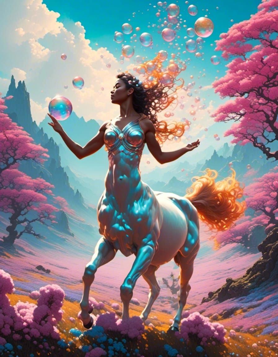 Female Centaur Blowing Bubbles in Meadow