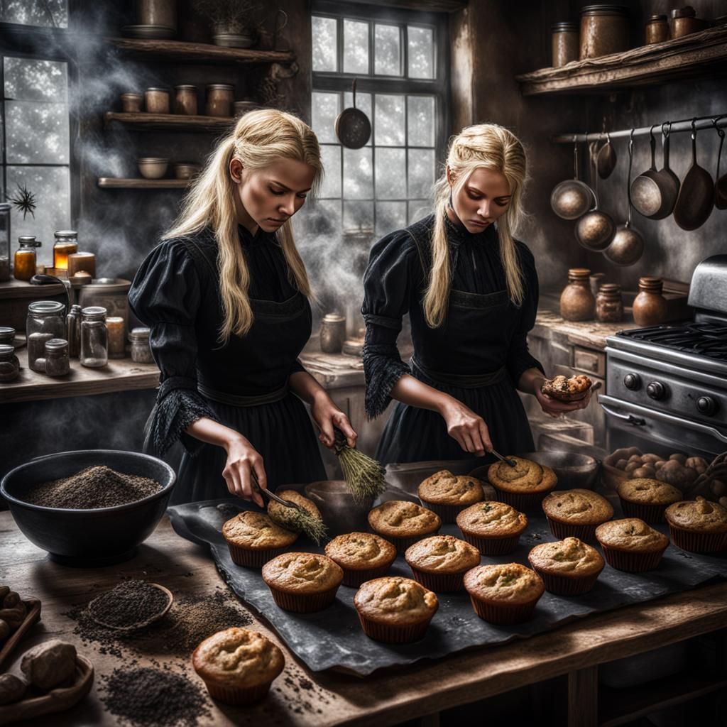 Blonde Witches Baking Magic Muffins in Kitchen