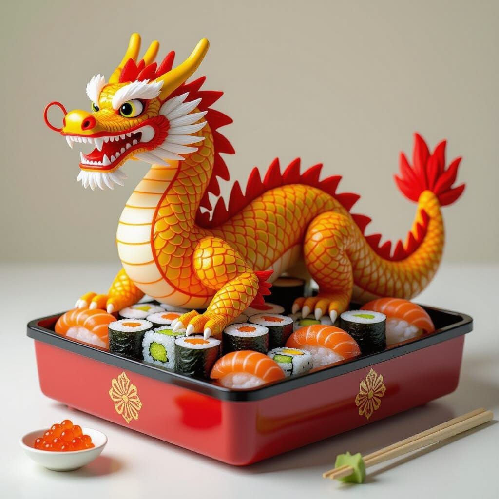 Sushi Dragon on Bento Box in Hyperrealistic Style