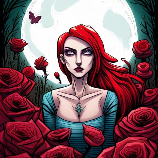 Gothic Cartoon Horror Princess in Rose Garden