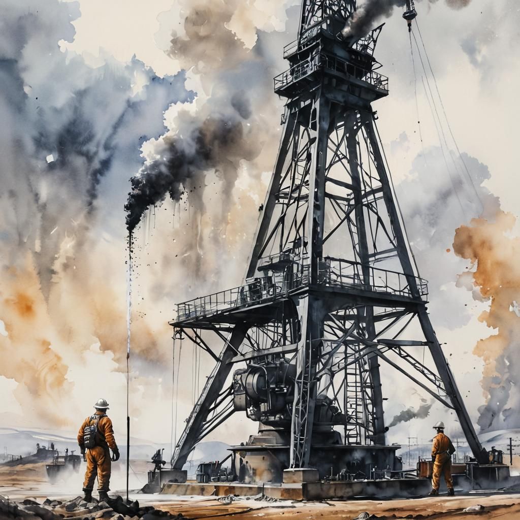 Oil Derrick Worker Battles Gushing Geyser in Ultra-Detailed...