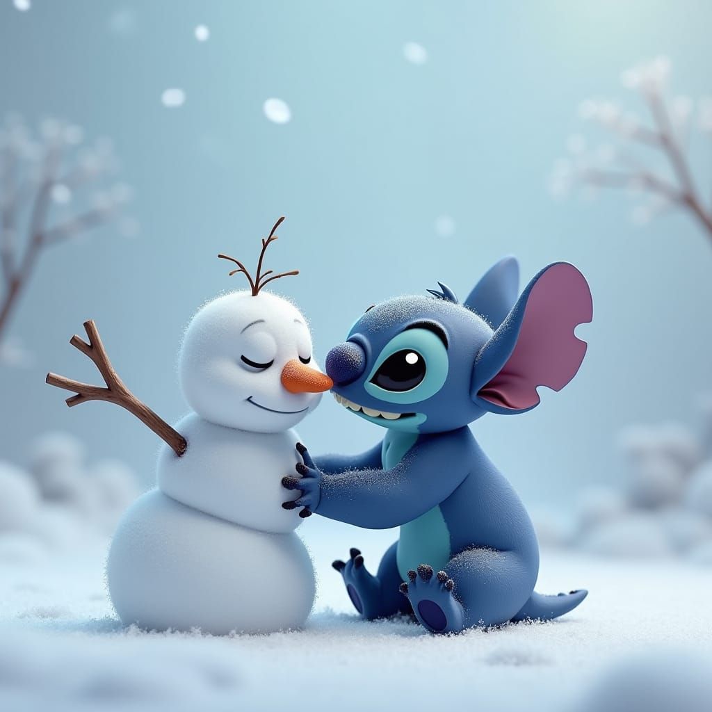 Stitch and Snowman in Stylized Fantasy Art