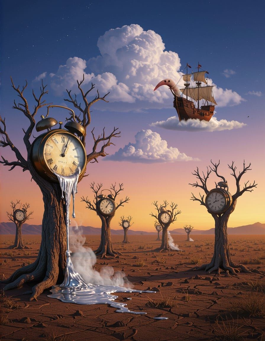 Surreal Landscape with Melting Clocks and Anteater Clouds