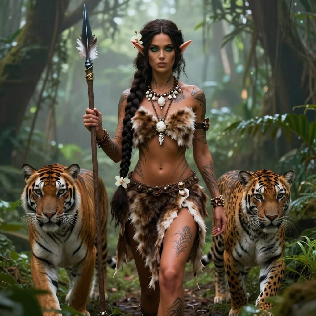 Seductive Elf Warrior in Misty Jungle