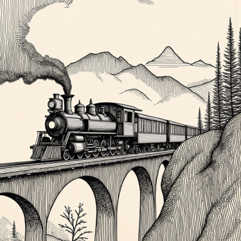 Surreal Pencil Sketch of Vintage Steam Train Crossing Mounta...