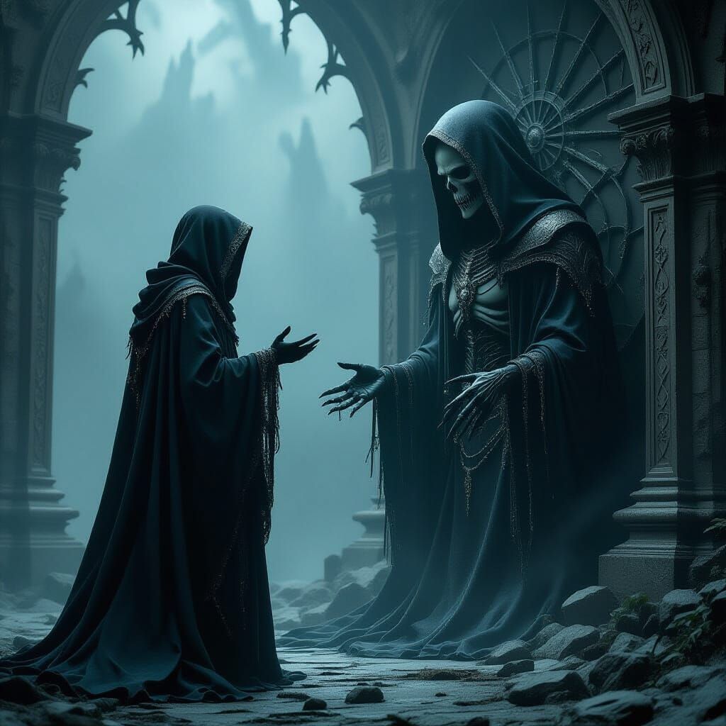 Mystical Figure Speaks to Gothic God of Death