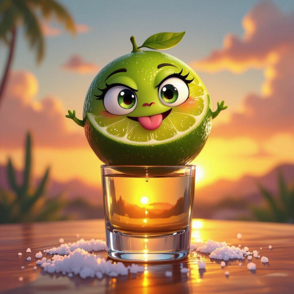 Lime Character Tequila Shot in Cartoon Style