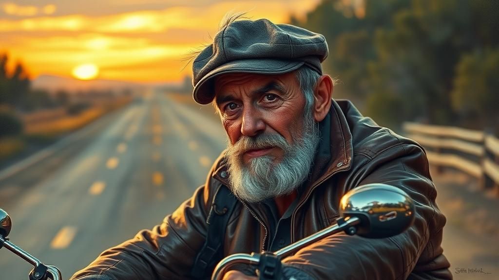 Elderly Biker with Grey Hair in Oil Painting Style