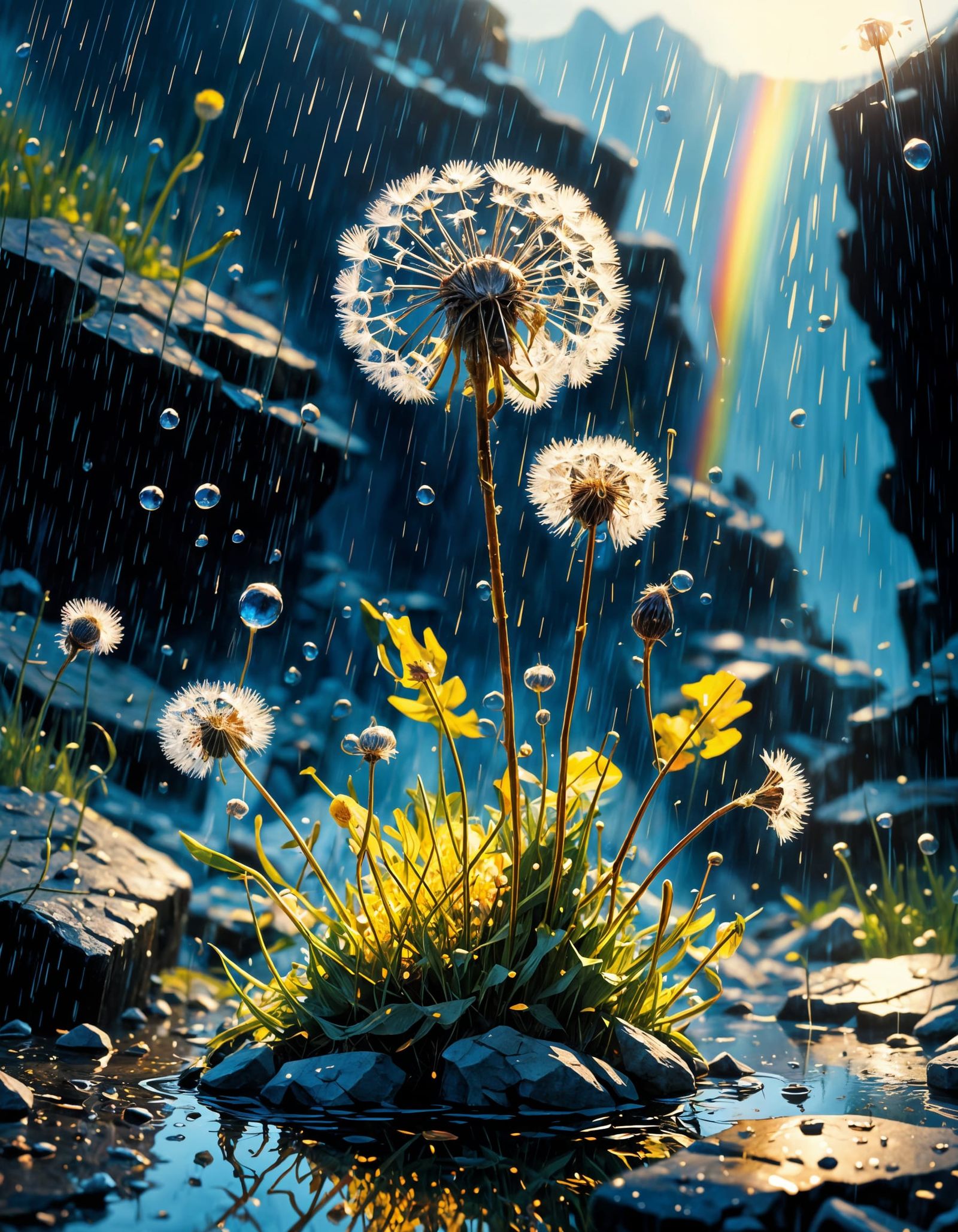 Dandelion Blooms in Vibrant Colors Amidst Wet Rock