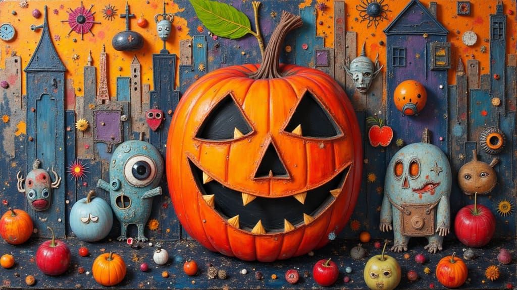 Whimsical Halloween Collage of Monsters and Apples