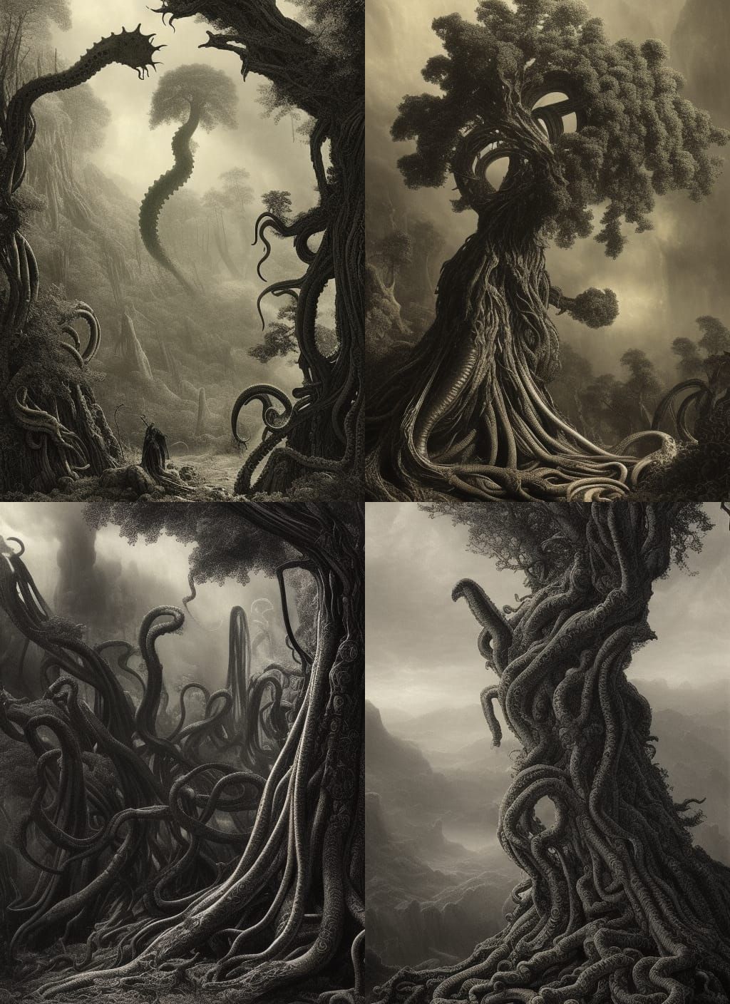 Mystic Tentacled Beasts in Primeval Copper Engraving