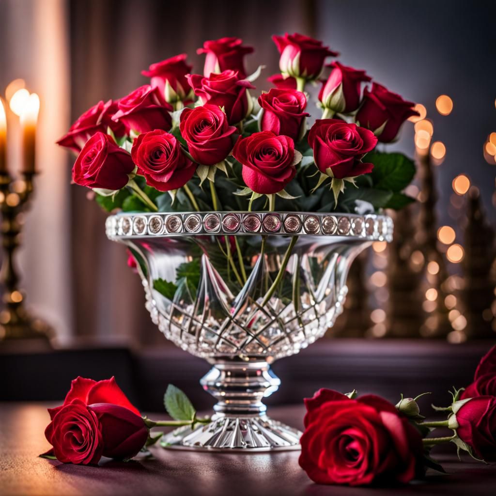 Red Roses in Antique Crystal Vase, Professional Photography