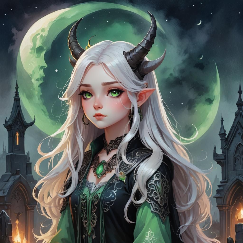 Chibi Girl Portrait in Misty Graveyard: Digital Art