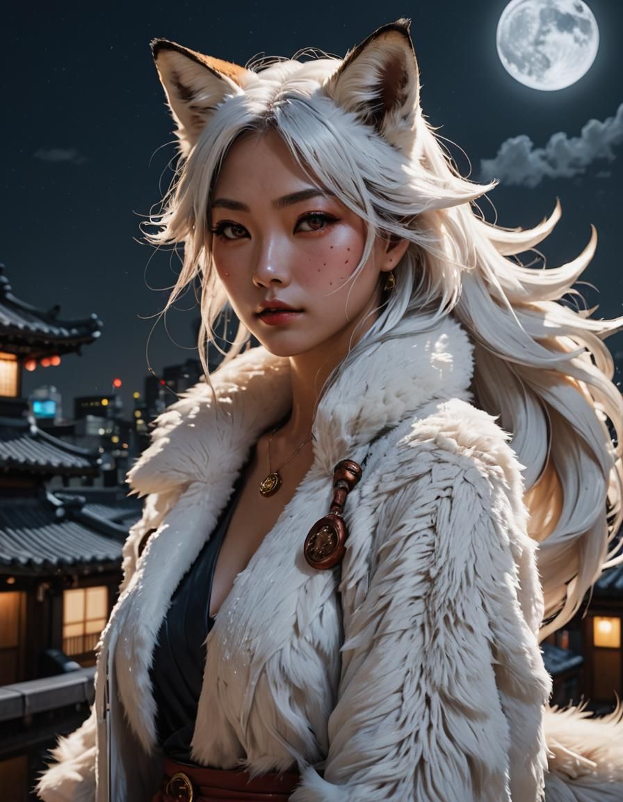Beautiful White Fox Girl Under Full Moon
