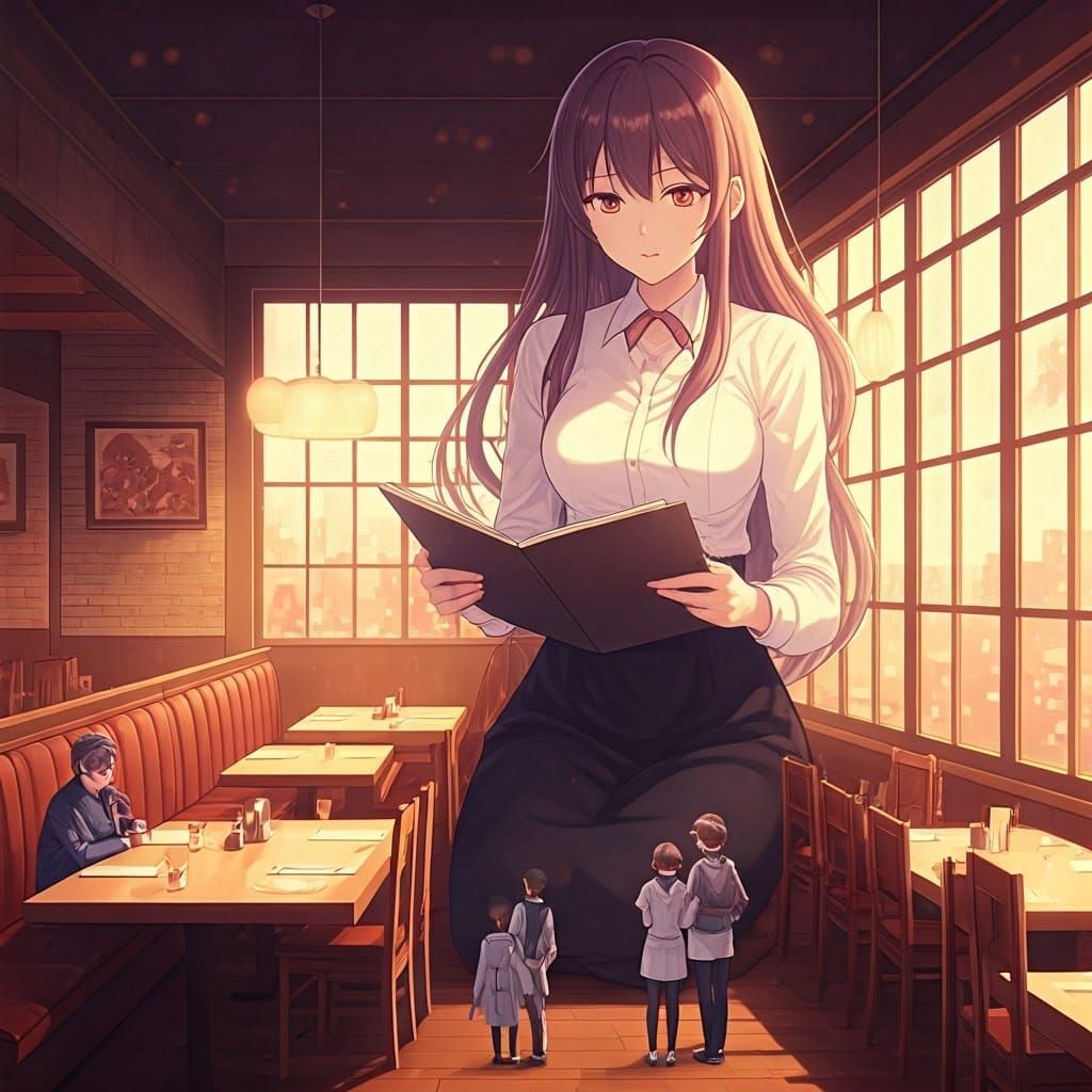 Giantess Towers Over Tiny Restaurant Patrons