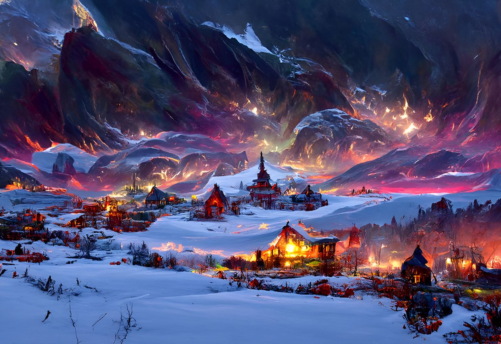 Fantasy Snow Village at Evening: Digital Illustration