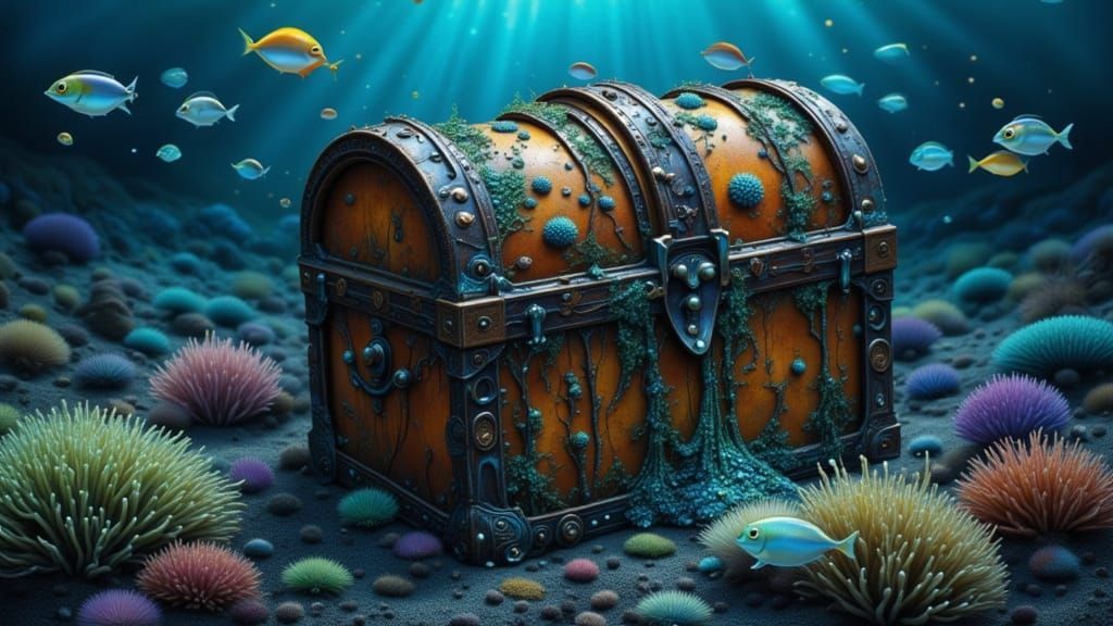 Sunken Treasure Chest with Bioluminescent Fish