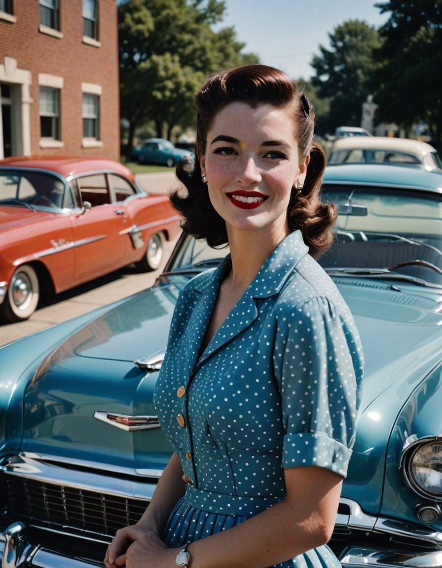 1950s Woman with Blue Chevrolet Camaro
