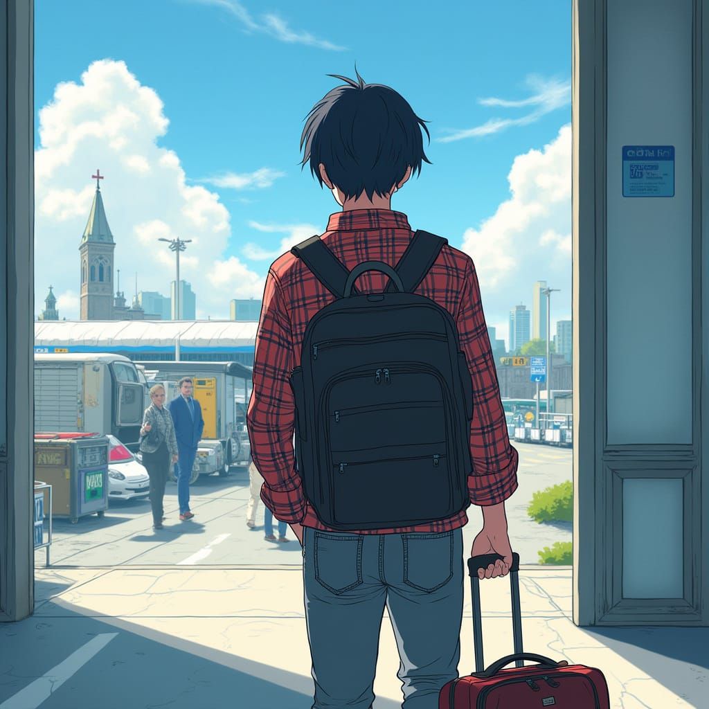 Anime-Inspired Scene of Young Man Departing Ottawa Airport