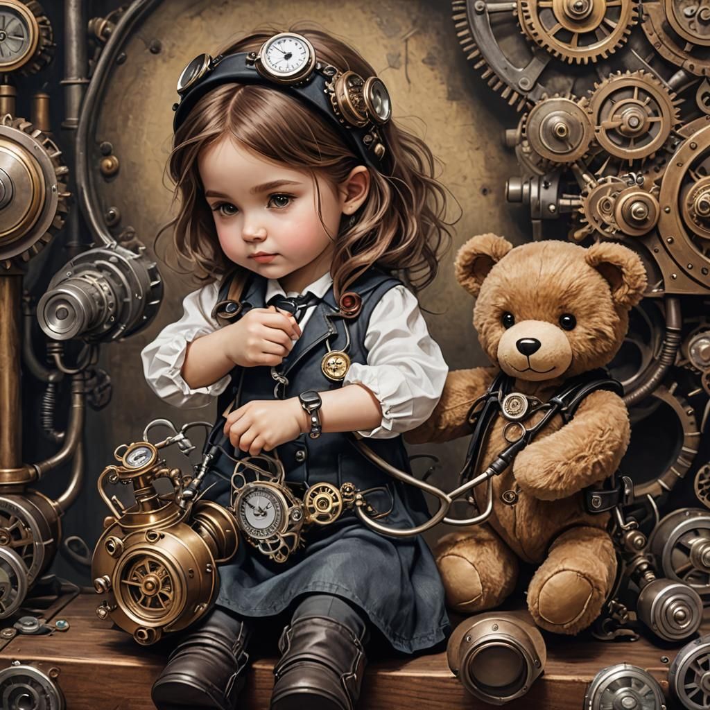 Girl Listens to Teddy Bear, Steampunk Style