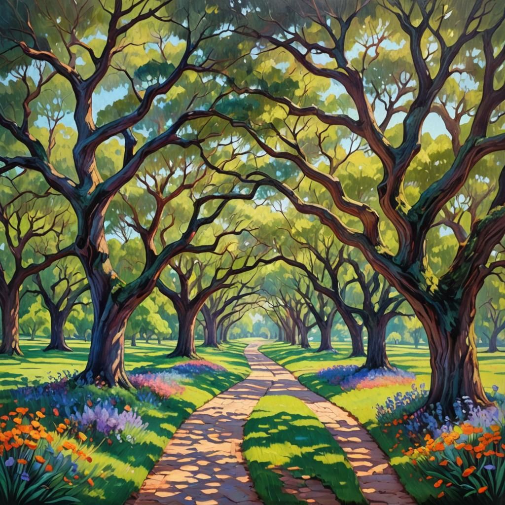 Sunlit Path Through Grassy Park in Impressionist Style