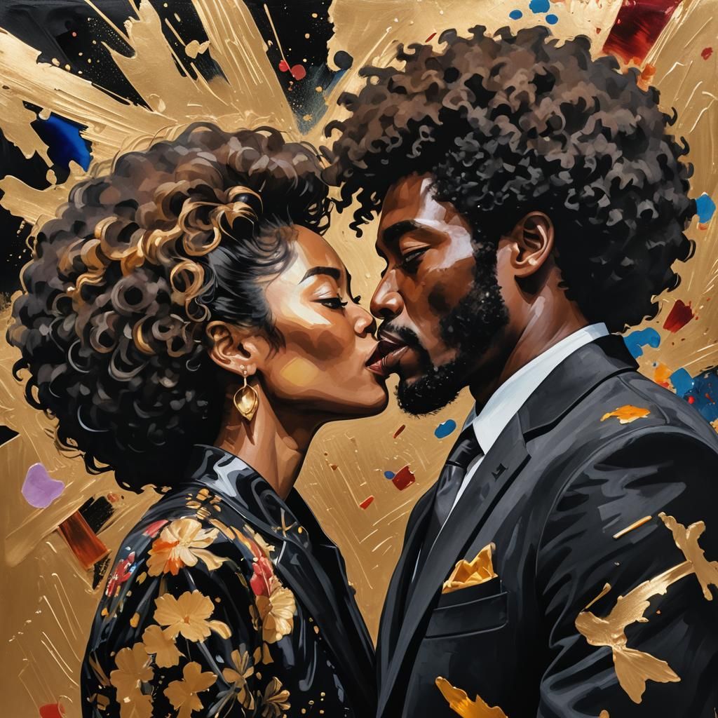 Passionate Gouache Portrait of Kissing Couple