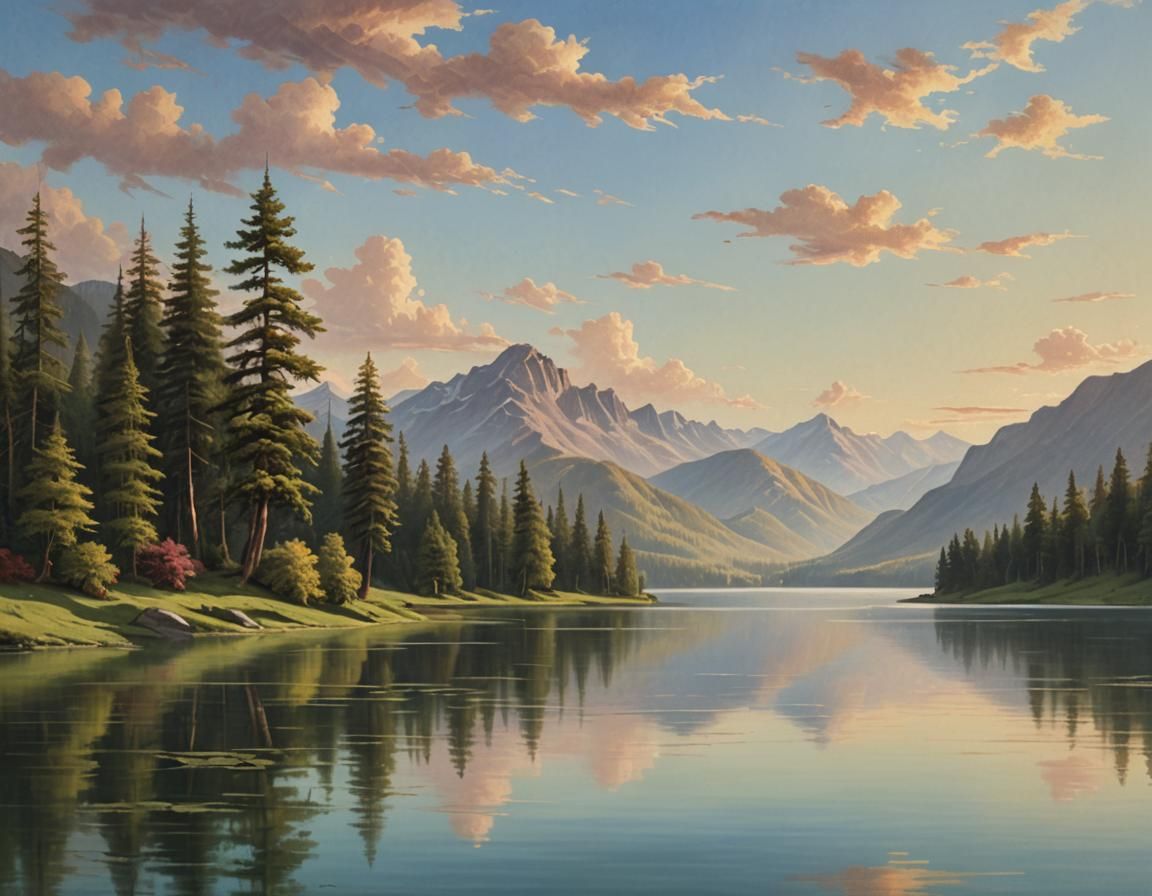 Serene Mountain Landscape Painting in Bierstadt Style