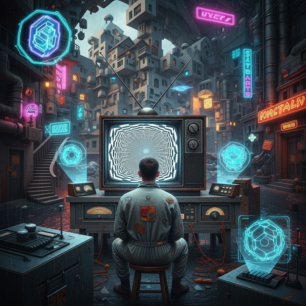 Man Mesmerized by Geometric Patterns on Vintage TV