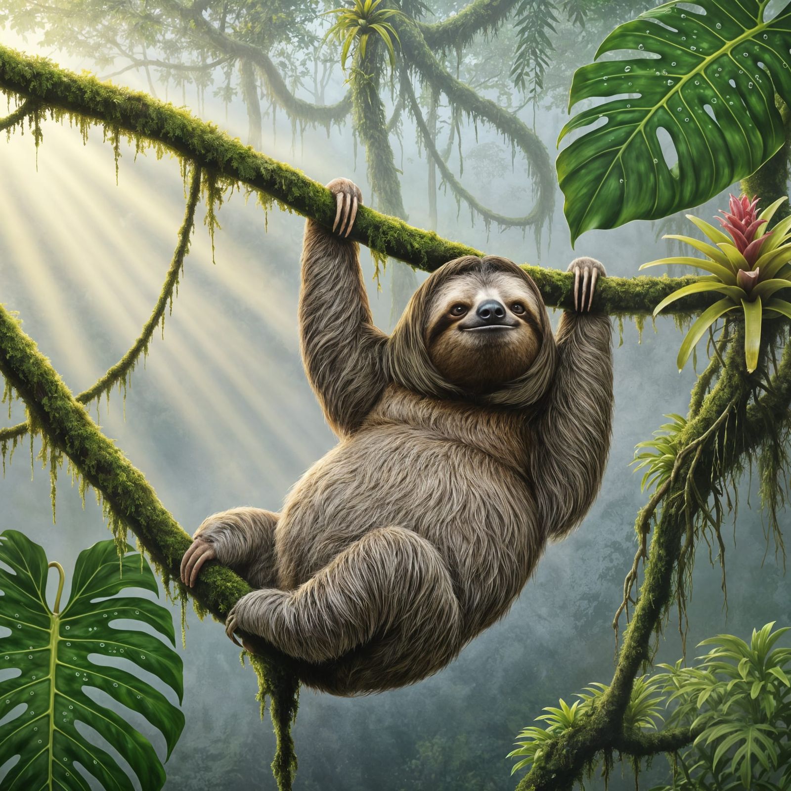 Hyperrealistic Sloth in Misty Rainforest Canopy