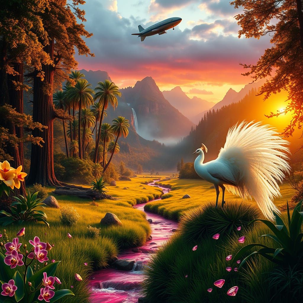 Gemstones Rain on Valley Landscape with Peacock